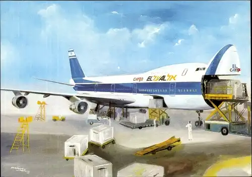 Künstler Ak Frachtflugzeug, Boeing  747 F, El Al, freight Jumbo