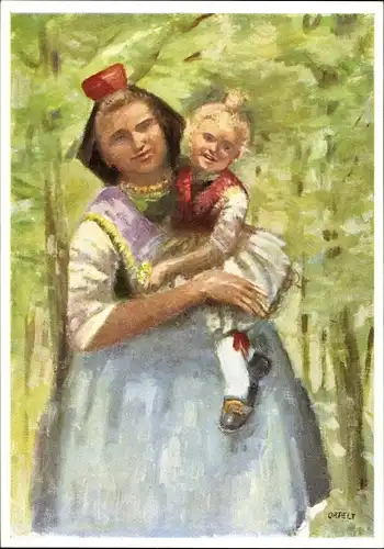 Künstler Ak Ortelt, Karl, Schwälmer Tracht, Mutter mit Kind
