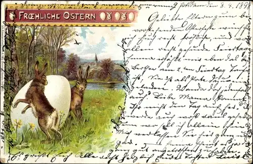 Litho Glückwunsch Ostern, Osterhasen, Osterei, Wiese