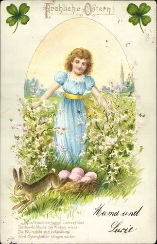 Präge Litho Glückwunsch Ostern, Mädchen hat Ostereier gefunden, Osterhase, Glücksklee