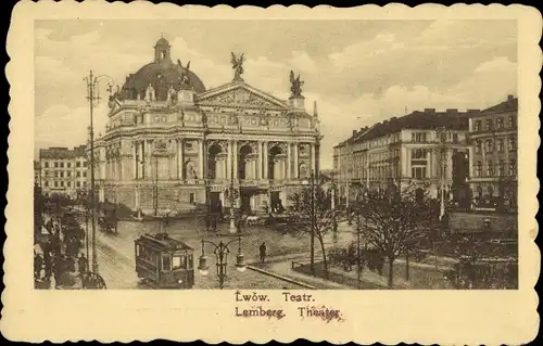 Ak Lwów Lemberg Ukraine, Teatr, Theater, Straßenpartie, Straßenbahn