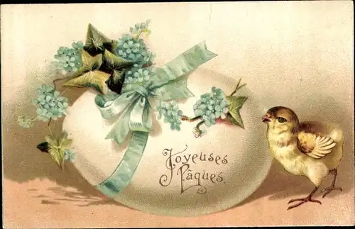 Präge Litho Glückwunsch Ostern, Joyeuses Paques, Küken, Osterei, Efeu, Vergissmeinnicht