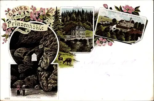 Litho Hartenstein im Erzgebirge Sachsen, Gruß aus der Prinzenhöhle, Forsthaus, Schloss Hartenstein