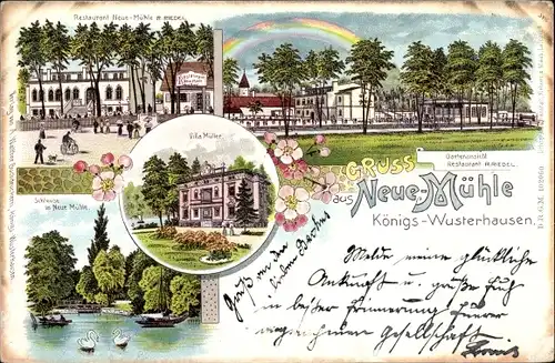 Litho Neue Mühle Königs Wusterhausen in Brandenburg, Villa Müller, Restaurant, Regenbogen