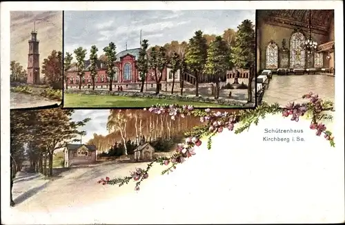 Künstler Ak G. Falk, Kirchberg in Sachsen, Schützenhaus, Außen- und Innenansicht, Turm