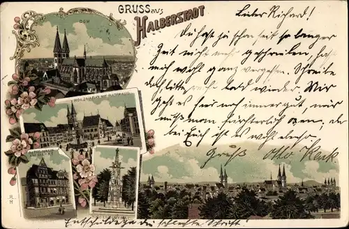 Litho Halberstadt am Harz, Dom, Panorama, Holzmarkt, Rathaus, Sieges-Denkmal