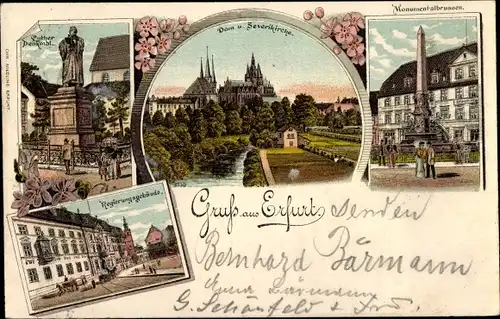 Litho Erfurt in Thüringen, Monumentalbrunnen, Dom, Severikirche, Luther Denkmal, Regierungsgebäude