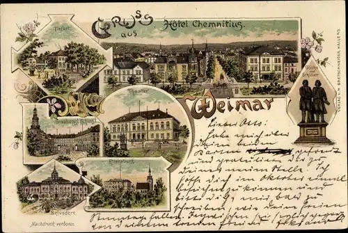 Litho Weimar in Thüringen, Hotel Chemnitius, Theater, Ettersburg, Belvedere, Schloss, Tiefurt