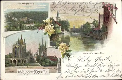 Litho Erfurt in Thüringen, Steigerwald, Severuskirche, Dom, Flusspartie