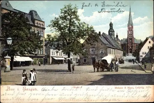 Ak Aue im Erzgebirge Sachsen, Partie am Markt, Kirche, Rathaus, Kutsche