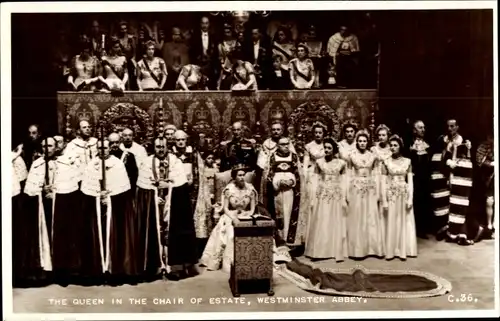 Ak London, The Queen takes her seat in the Chair of State, Westminster Abbey, Coronation 1953