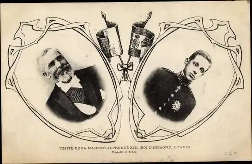 Ak Alfonso XIII, Alphonse XIII Roi d'Espagne, visite a Paris 1905, President Émile Loubet