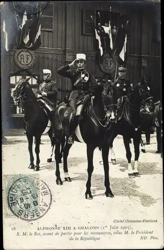 Ak Alfonso XIII, Alphonse XIII, König Alfons XIII. von Spanien, Pferde, 1 Juin 1905, Visite a Paris