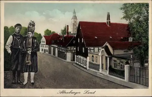 Ak Ponitz Altenburger Land Thüringen, Gasthof, Paar in Trachten