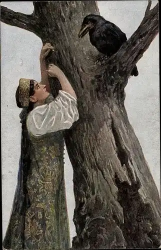 Künstler Ak Solomko, S., Herzensklage, Frau in Tracht, Krähe