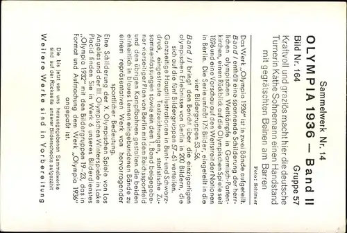 Sammelbild Olympia 1936, Deutsche Turnerin Käthe Sohnemann am Barren