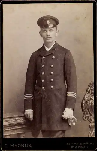 Kabinett Foto Seemann der Handelsmarine in Uniform, Portrait