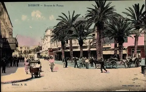 Ak Bizerte Tunesien, Avenue de France, Französische Straße, Rikscha