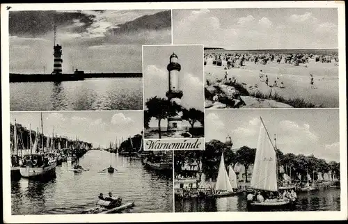 Ak Warnemünde Rostock in Mecklenburg, Strand, Strom, Leuchtturm, Segelboote