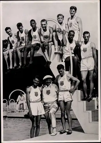 Sammelbild Olympia 1936, Leichtathleten USA, Fuqua, Johnson, Lymann, O'Brien, Peacock, Hardin