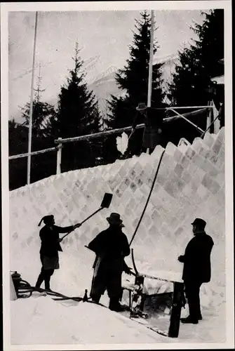 Sammelbild Olympia 1936, Winterspiele, Bau der Bobbahn, Eisquader aus dem Rießersee