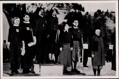 Sammelbild Olympia 1936, Siegerehrung Paarlaufen, Geschwister Pausin, Herber Baier, Rotter Szollas