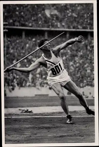 Sammelbild Olympia 1936, Speerwerfen beim Zehnkampf, Morris