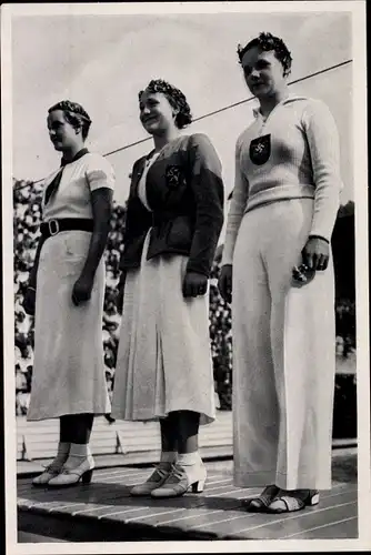 Sammelbild Olympia 1936, Schwimmerinnen Jeanette Campbell, Ria Mastenbroek, Gisela Arendt