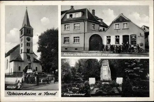 Ak Weisenheim am Sand Pfalz, Kirche, Kolonialwarenhandlung v. Otto Geißler, Kriegerehrenmal