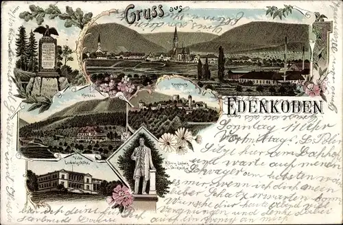 Litho Edenkoben an der Haardt Pfalz, Panorama, Kriegerdenkmal, Villa Ludwigshöhe, Kurhaus