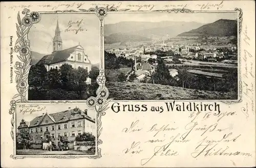 Ak Waldkirch im Breisgau Schwarzwald, Panorama, Kirche, Schulhaus