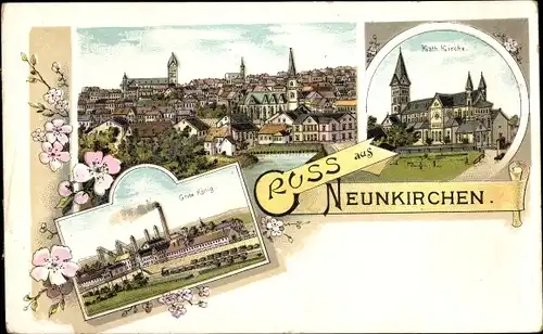 Litho Neunkirchen im Saarland, Panorama, Grube König, Kath. Kirche