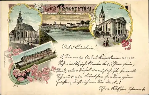 Litho Frankenthal in der Pfalz, Kirche, Kaserne, Ortspartie