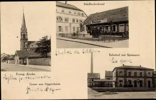 Ak Oggersheim Ludwigshafen am Rhein, Ev. Kirche, Schillerdenkmal, Kaufhaus, Bahnhof, Spinnerei