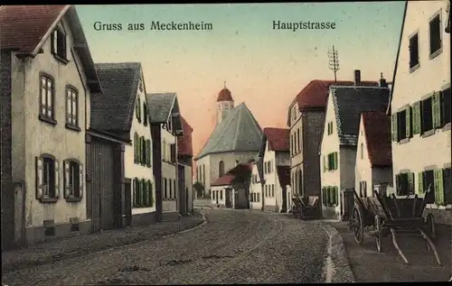 Ak Meckenheim in der Pfalz, Hauptstraße, Kirche, Fuhrwerke