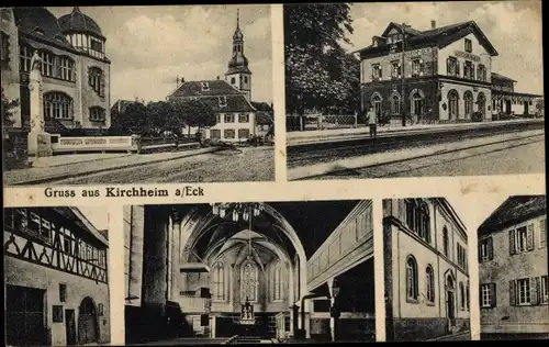 Ak Kirchheim an der Eck Kirchheim an der Weinstraße Pfalz, Bahnhof, Kircheninneres, Dorfpartie