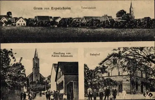 Ak Erpolzheim an der Weinstraße Pfalz, Gesamtansicht, Kirche, Handlung Martin Schumann, Bahnhof
