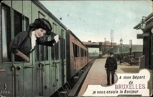 Ak Bruxelles Brüssel, Lokomotive fährt ab, Frau winkt zum Abschied, Hut