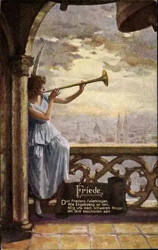 Künstler Ak Schneider, F., Friede, Engel mit Fanfare, Allegorie