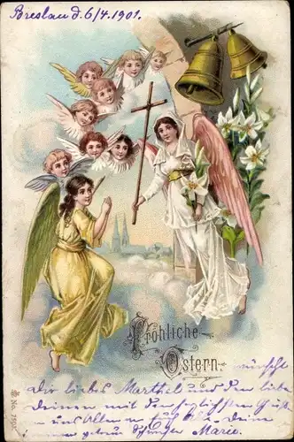 Litho Glückwunsch Ostern, Engel mit Lilenblüten unter Glocken