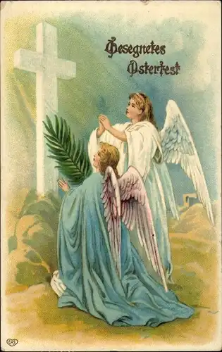 Ak Glückwunsch Ostern, Zwei Engel beim Gebet, Palmzweig