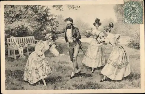 Künstler Ak Mann spielt mit drei Frauen Blinde Kuh in einem Park