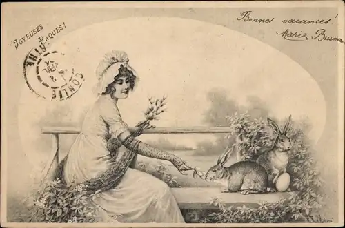 Künstler Ak Wichera, Glückwunsch Ostern, Junge Frau mit Osterhasen, Weidenkätzchen