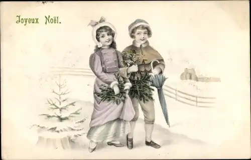 Ak Glückwunsch Weihnachten, Junge und Mädchen mit Mistelzweigen