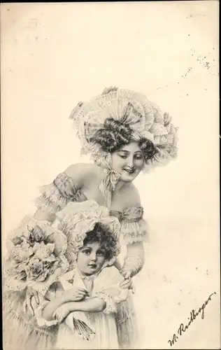 Ak Mädchen mit Brief und Blumenstrauß, elegante Dame