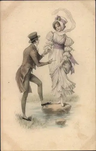 Ak Mann hilft Frau bei der Flussüberquerung