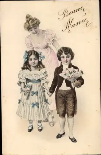 Ak Glückwunsch Sonstige, Junge und Mädchen mit Blumenstrauß, Frau, Bonne Fete