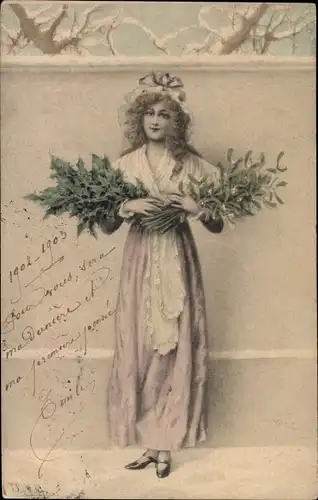 Künstler Ak Wichera, Frau mit Misteln und Stechpalmenzweigen