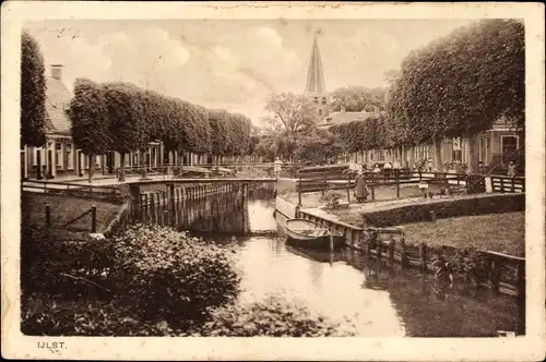 Ak IJlst Ylst Friesland Niederlande, Fluss, Brücke, Kirchturm