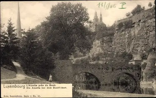 Ak Luxemburg, Die Alzette bei dem Bockfelsen, Brücke